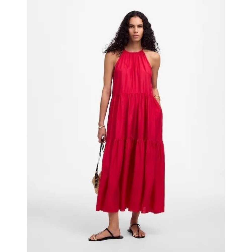 MADEWELL Habotai Silk Tiered Halter Dress XXS Watermelon Red Relaxed Midi NWT A1